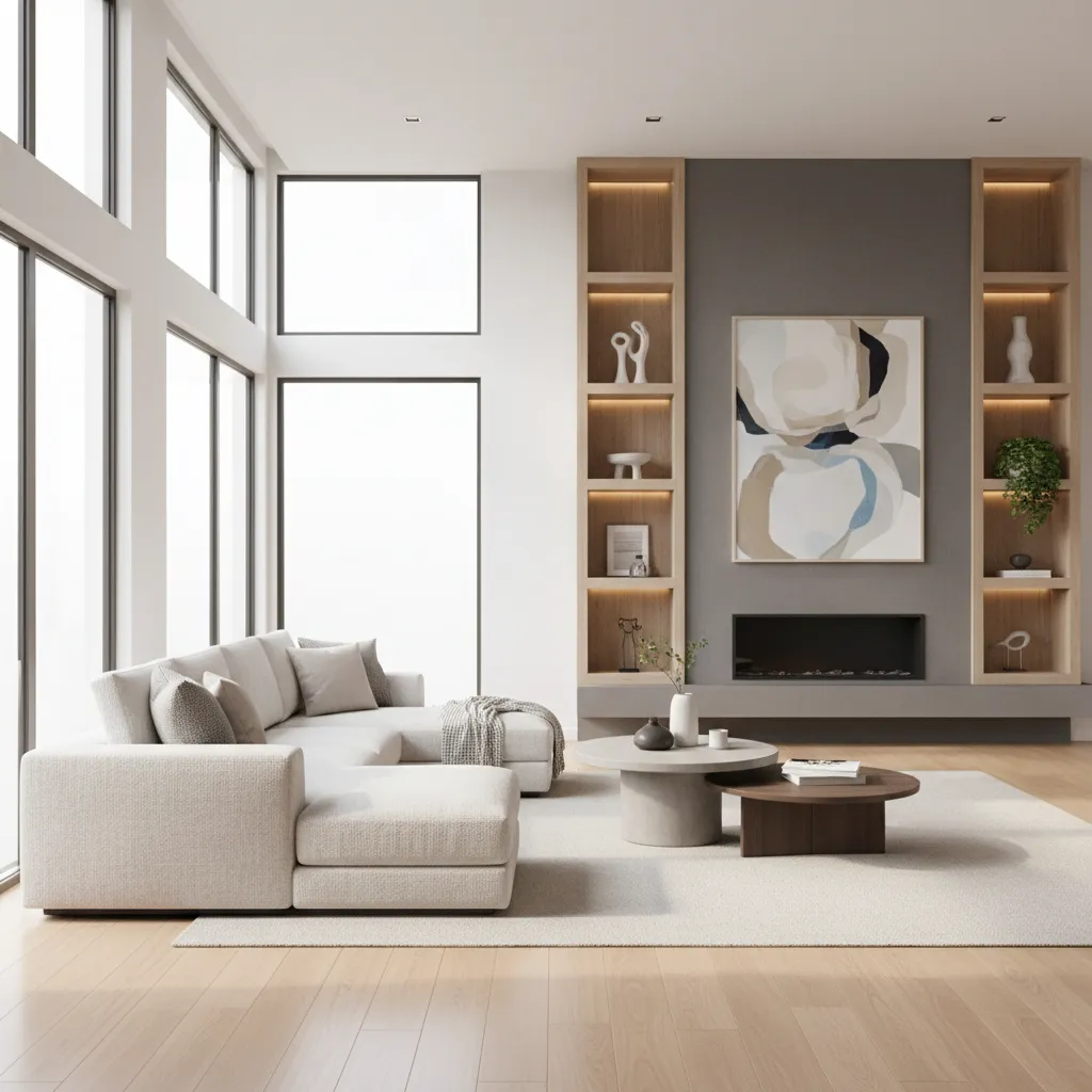 Render realista de un salón moderno diseñado en un proyecto de interiorismo