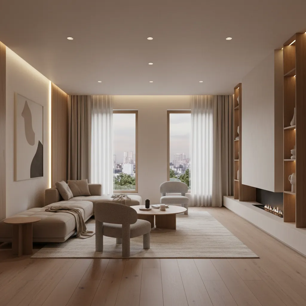Modern living room with beige sofa wooden floor round coffee table fireplace and large windows