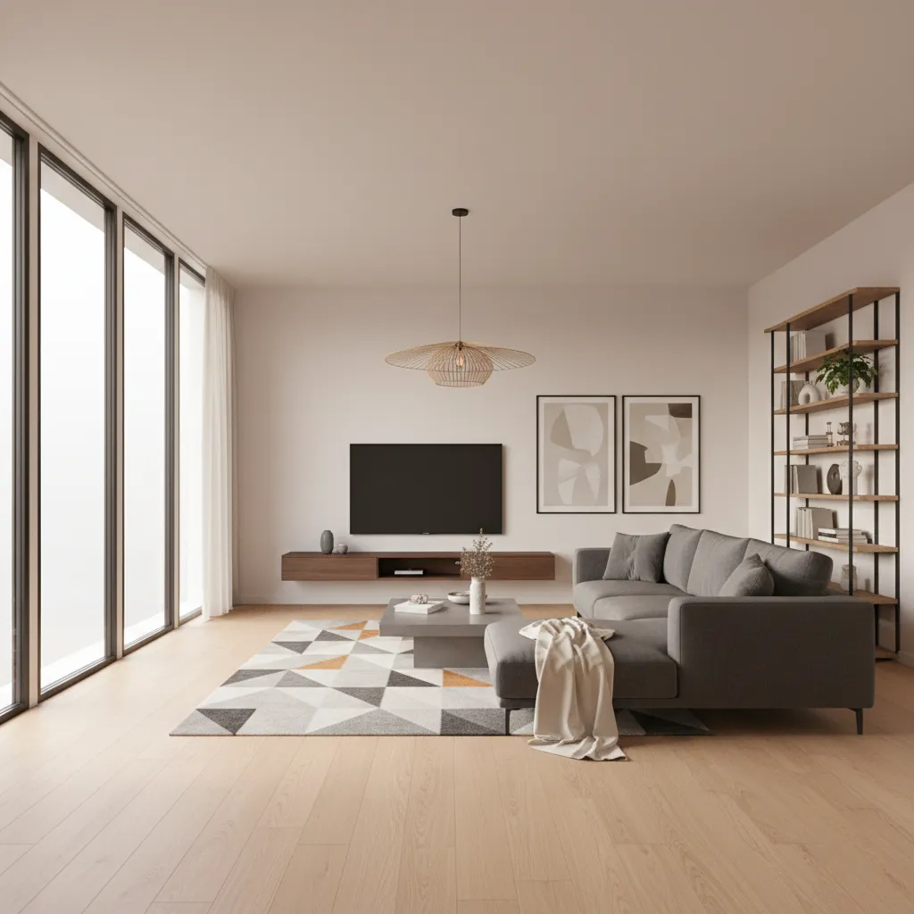 Modern living room interior design drawing with a gray sofa wooden floor and large windows