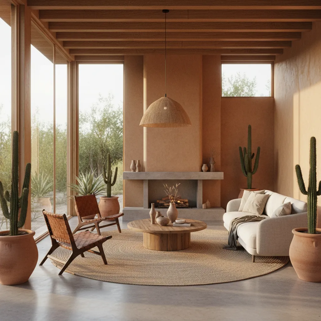 Render 3D de sala moderna con estilo contemporáneo y materiales naturales