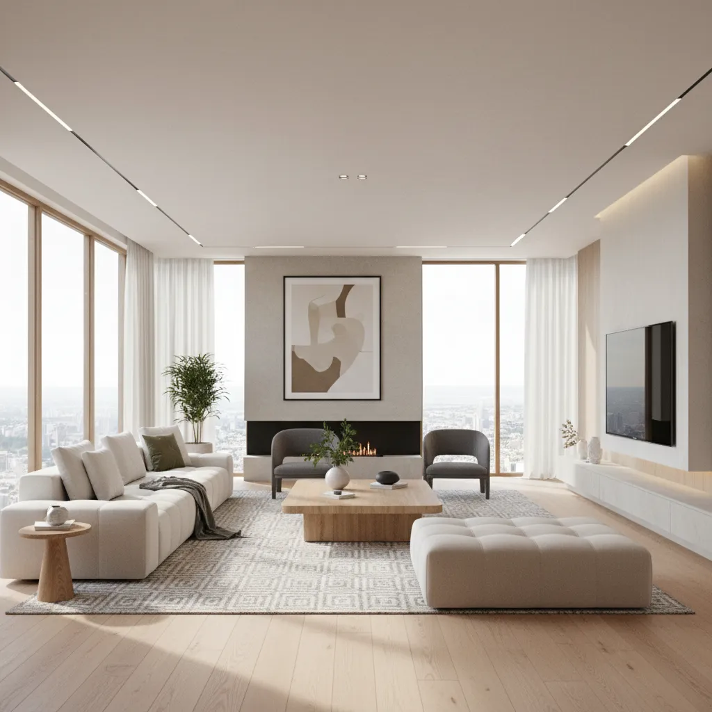 Modern minimalist living room with white sofa wooden floor large windows fireplace rug and footrest