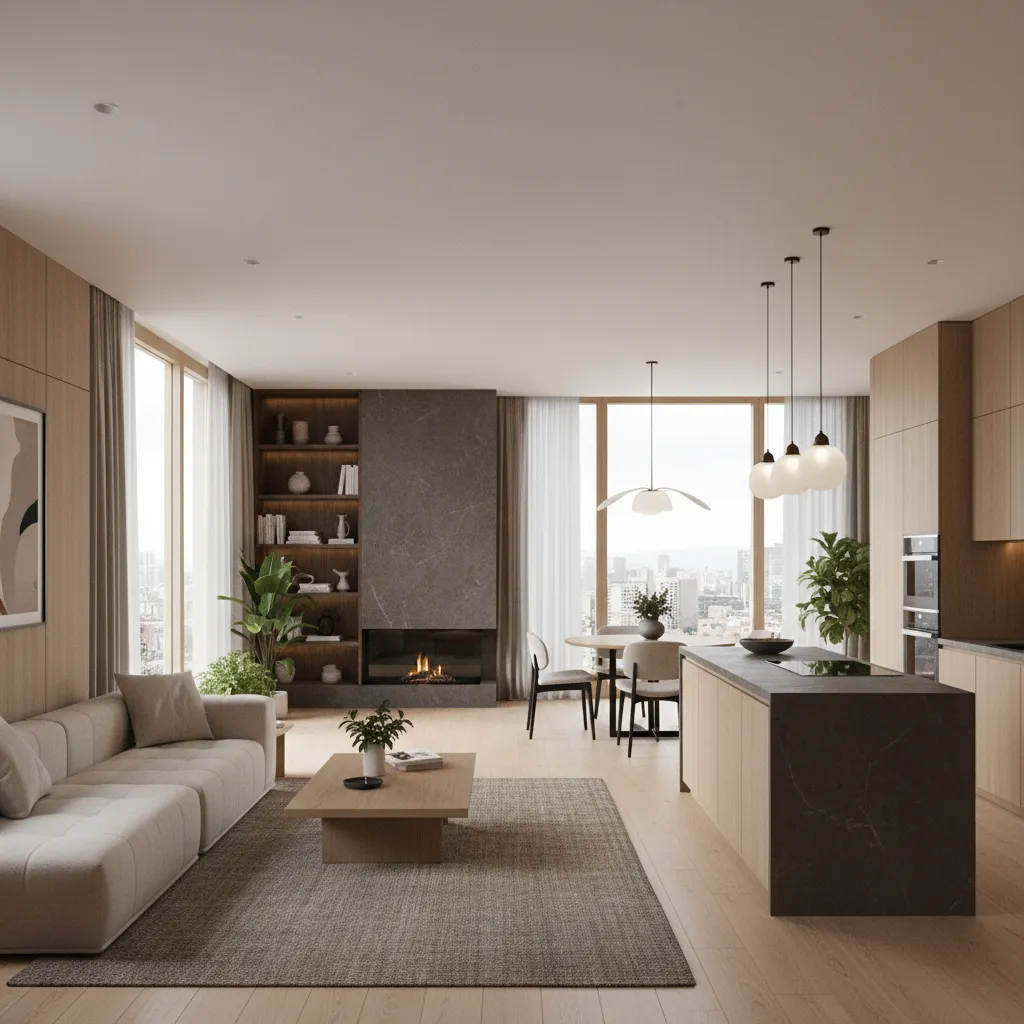 Render realista de un apartamento moderno diseñado digitalmente