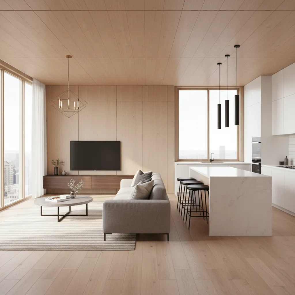 Modern open plan living space featuring wood wall panels grey sofa and white kitchen island