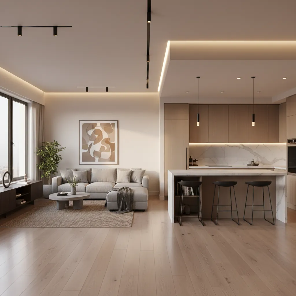 Modern open-plan living room with grey sofa, wood flooring, kitchen island, and warm light fixtures