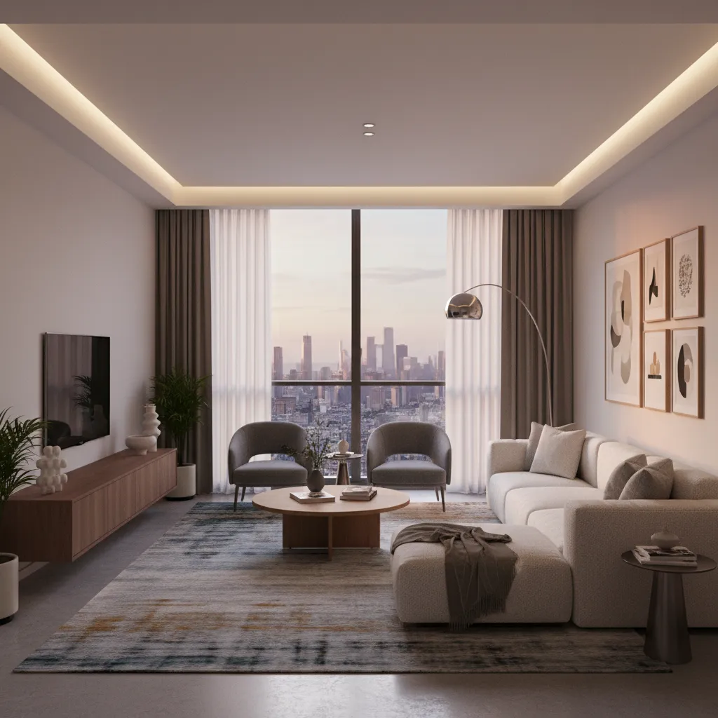 Modern living room with cream sofa, wood coffee table, gray rug, and city view window