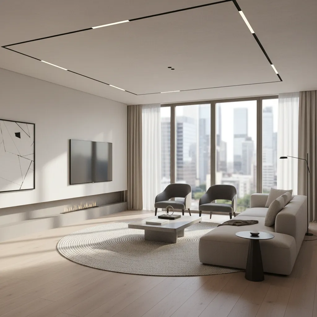 Modern living room with beige sofa grey chairs round rug wall mounted TV and windows