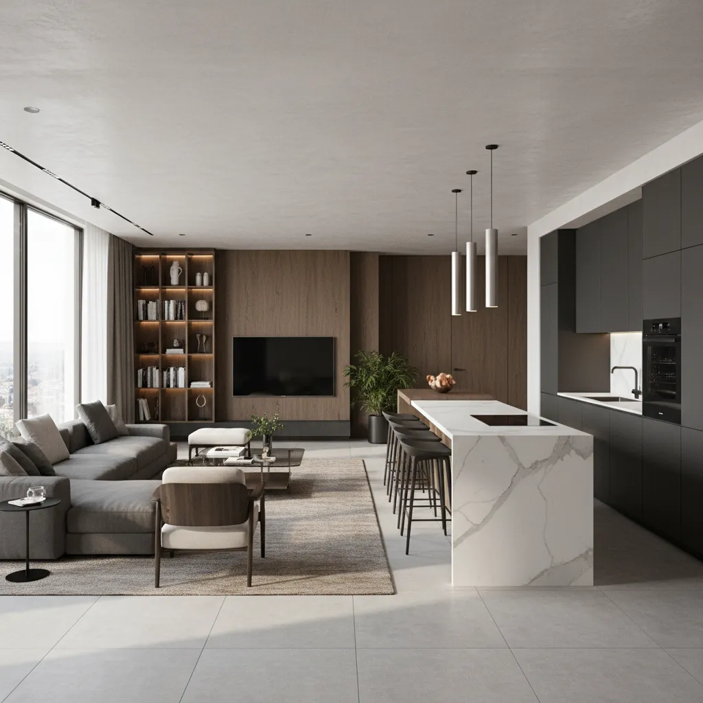 Render 3D de un apartamento moderno mostrando diseño arquitectónico y distribución interior