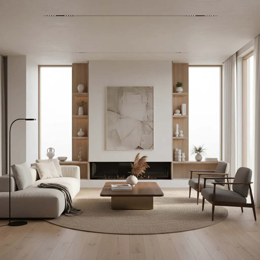 Render 3D de salón moderno basado en un panel creativo de diseño