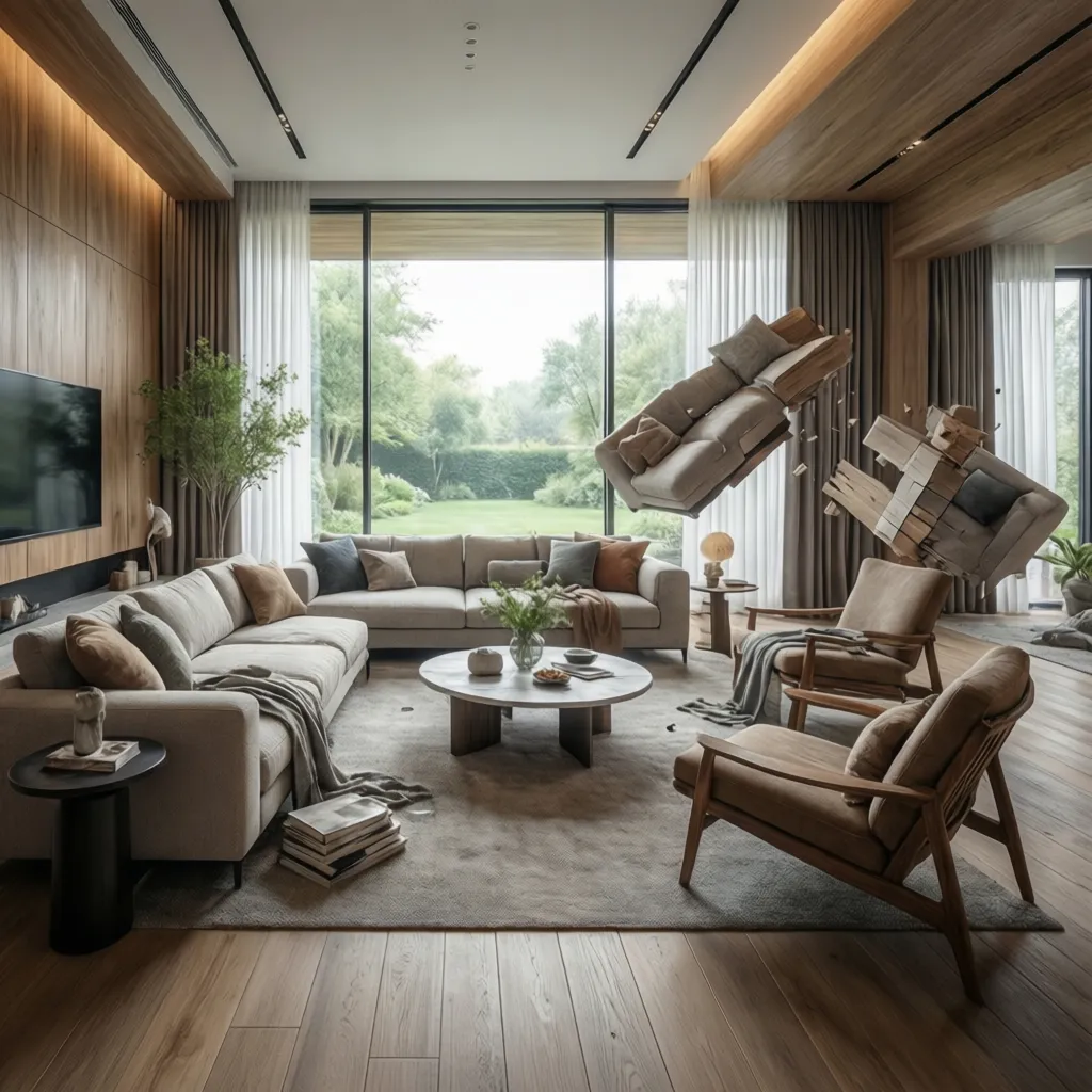 Render 3D realista de un salón moderno diseñado profesionalmente