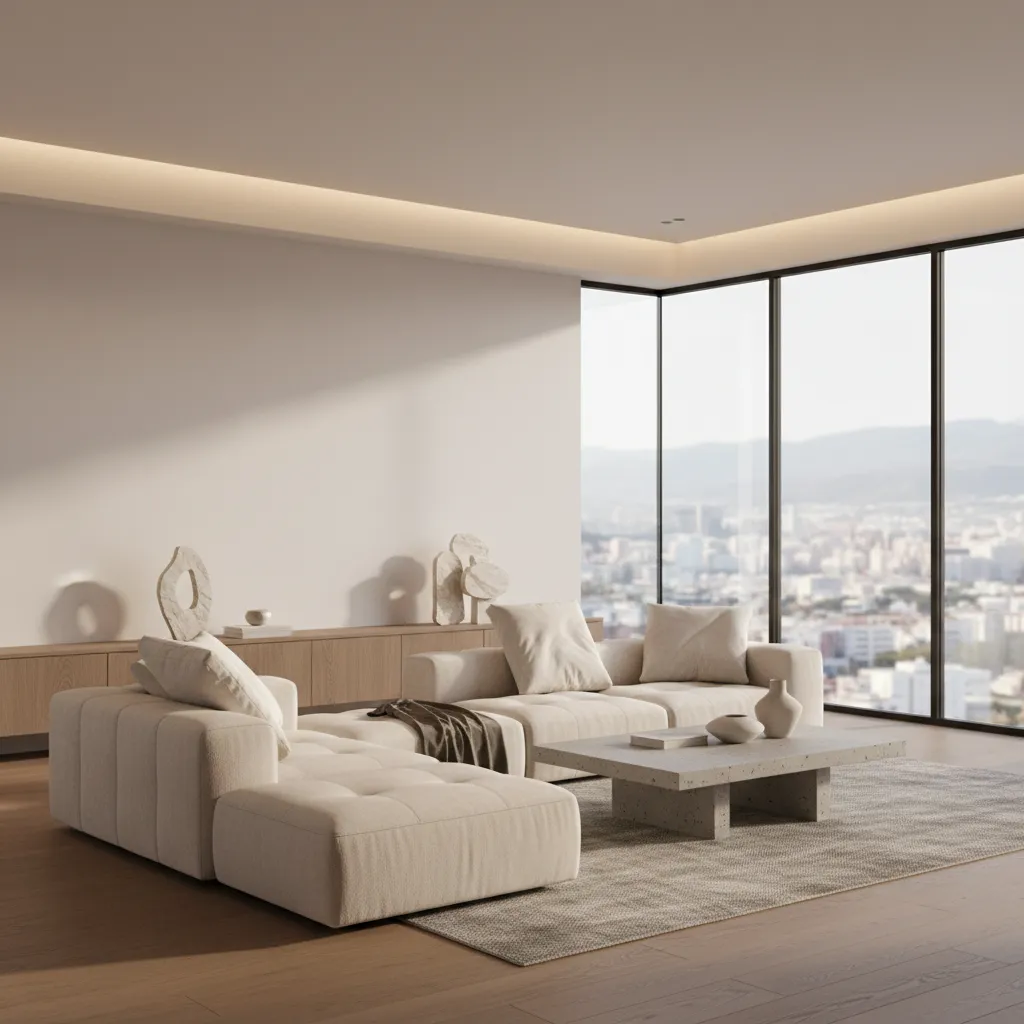 Modern living room with large beige sofa, stone coffee table, wood floor, and big windows