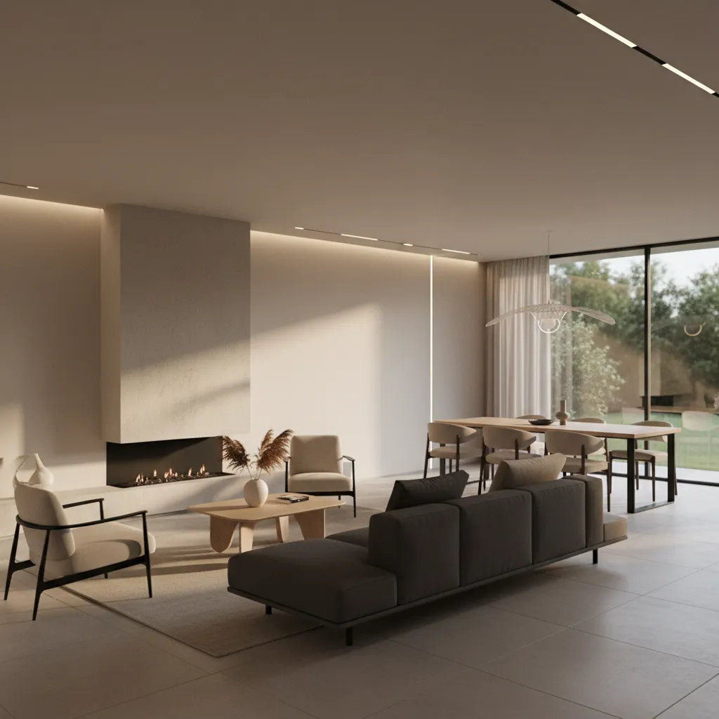 Render realista de interior de vivienda antes de construcción
