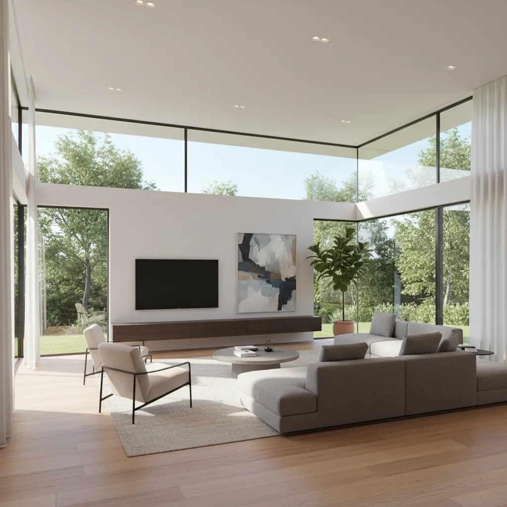 Bright modern living room featuring large windows grey sofa round coffee table and wall TV