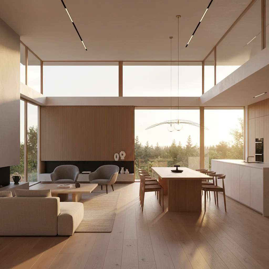 Modern open living room with wooden wall panel dining table kitchen and large floor windows