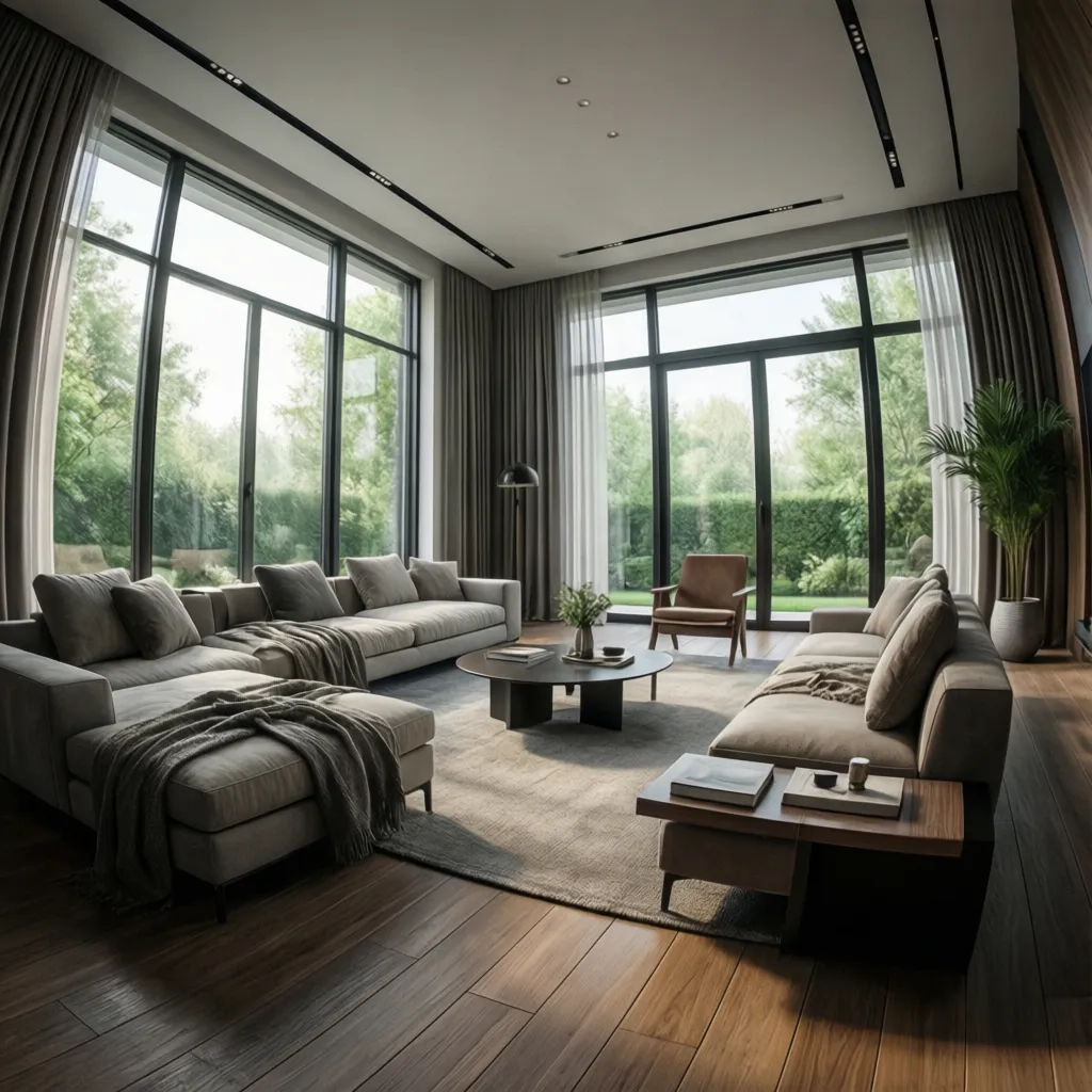 Render interior realista de salón de casa diseñado en 3D