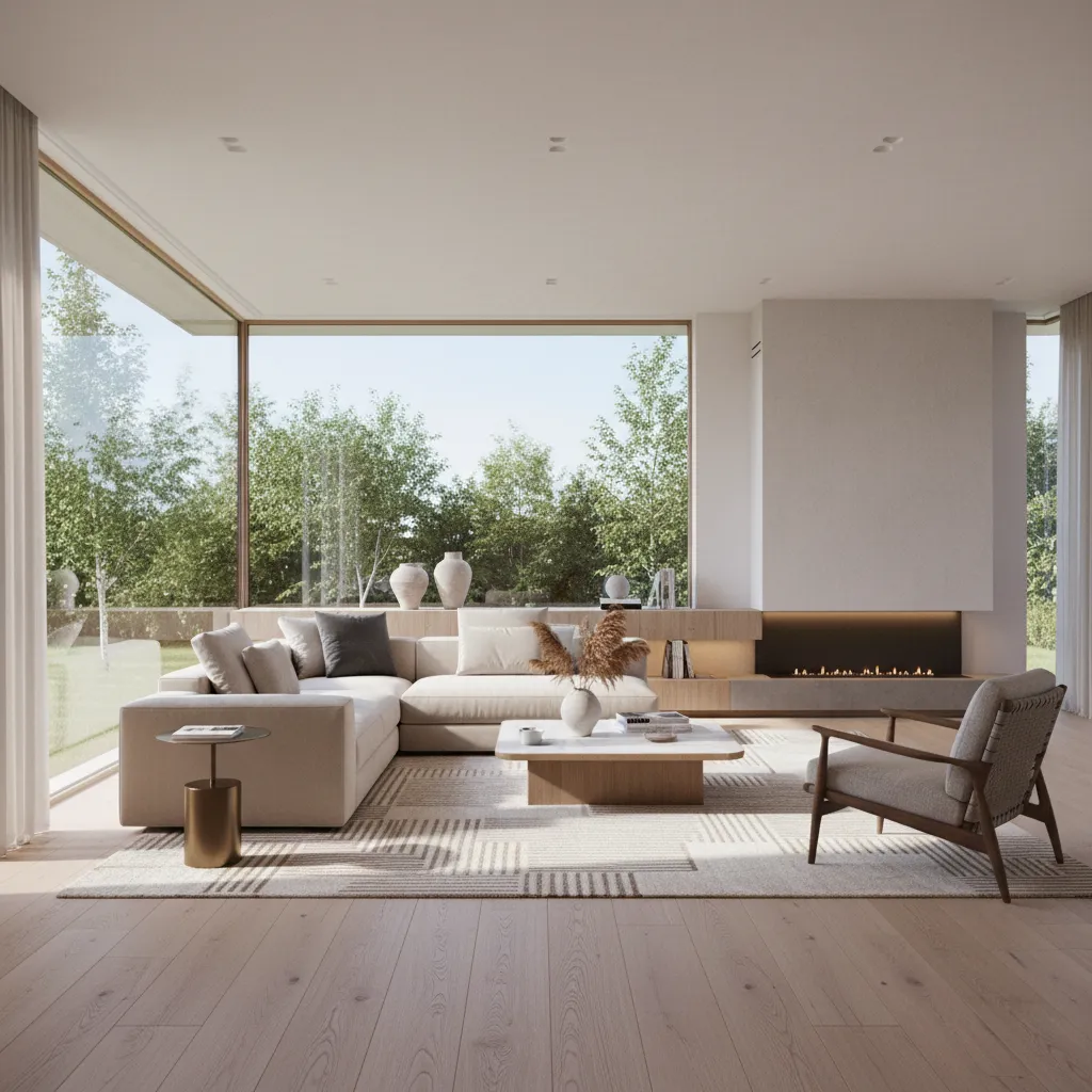 Render realista de un salón moderno generado con software de diseño