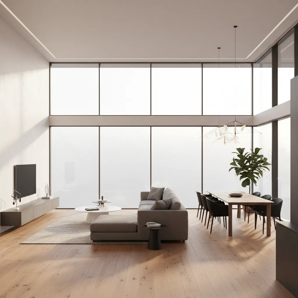 render 3D realista de interior de casa moderna con iluminación natural