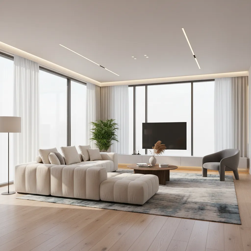 Renderizado realista de una sala moderna generado desde un software de diseño