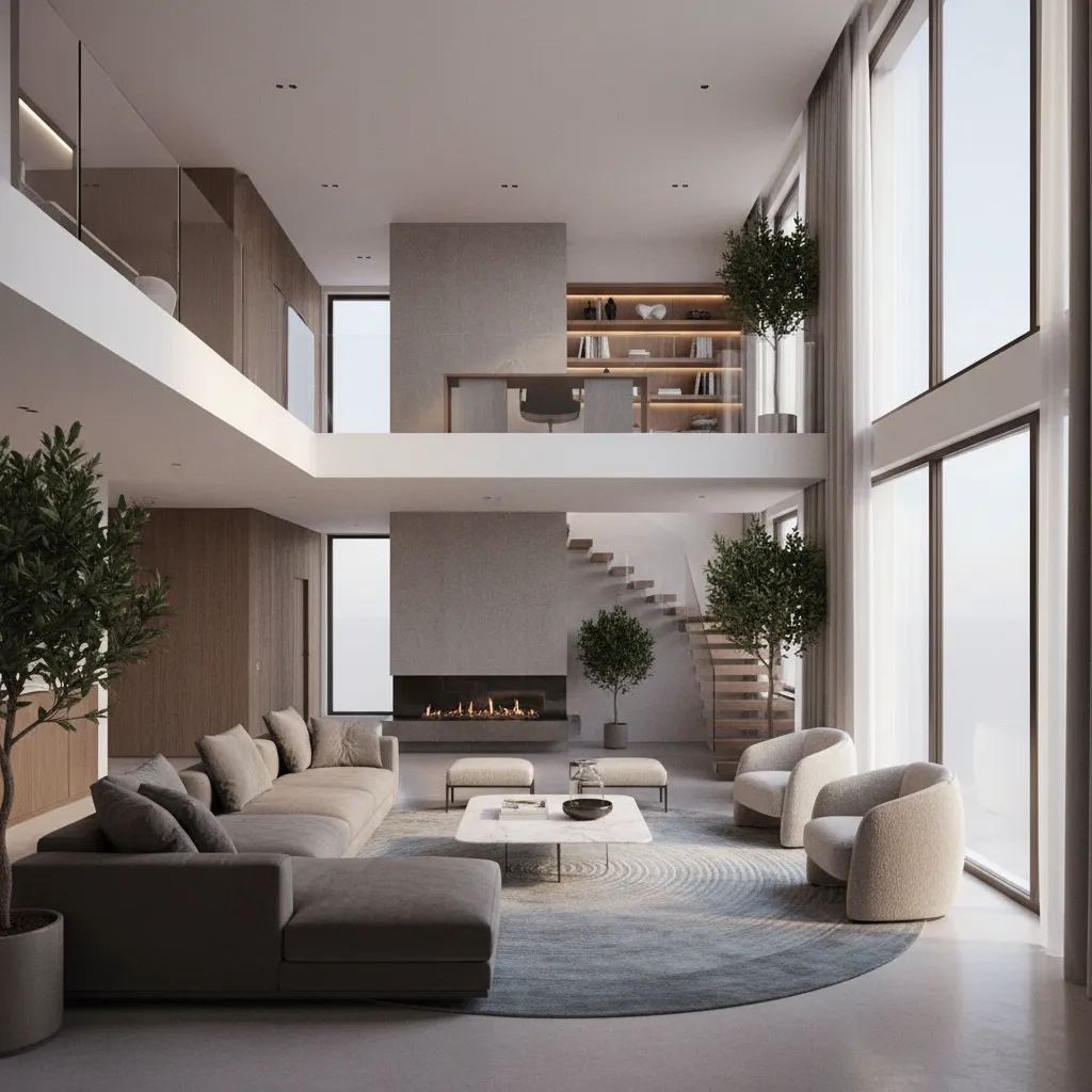 Render 3D del interior de una casa de dos pisos con diseño moderno