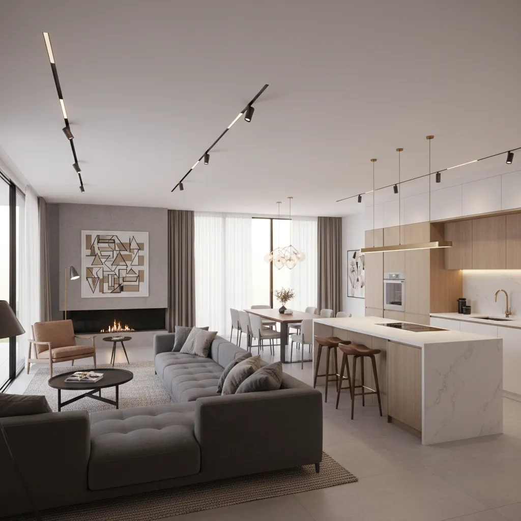 Render 3D realista del interior de una casa familiar