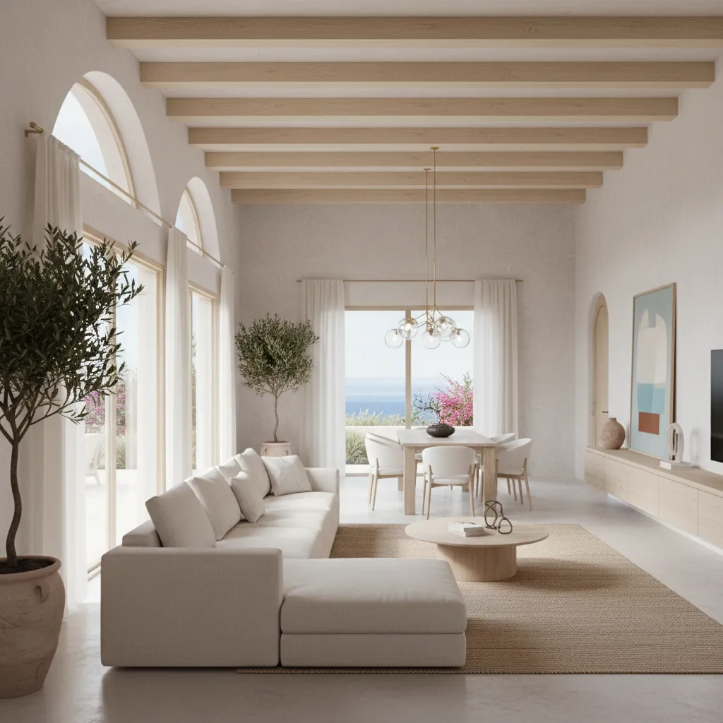 Render realista de interior mediterráneo moderno