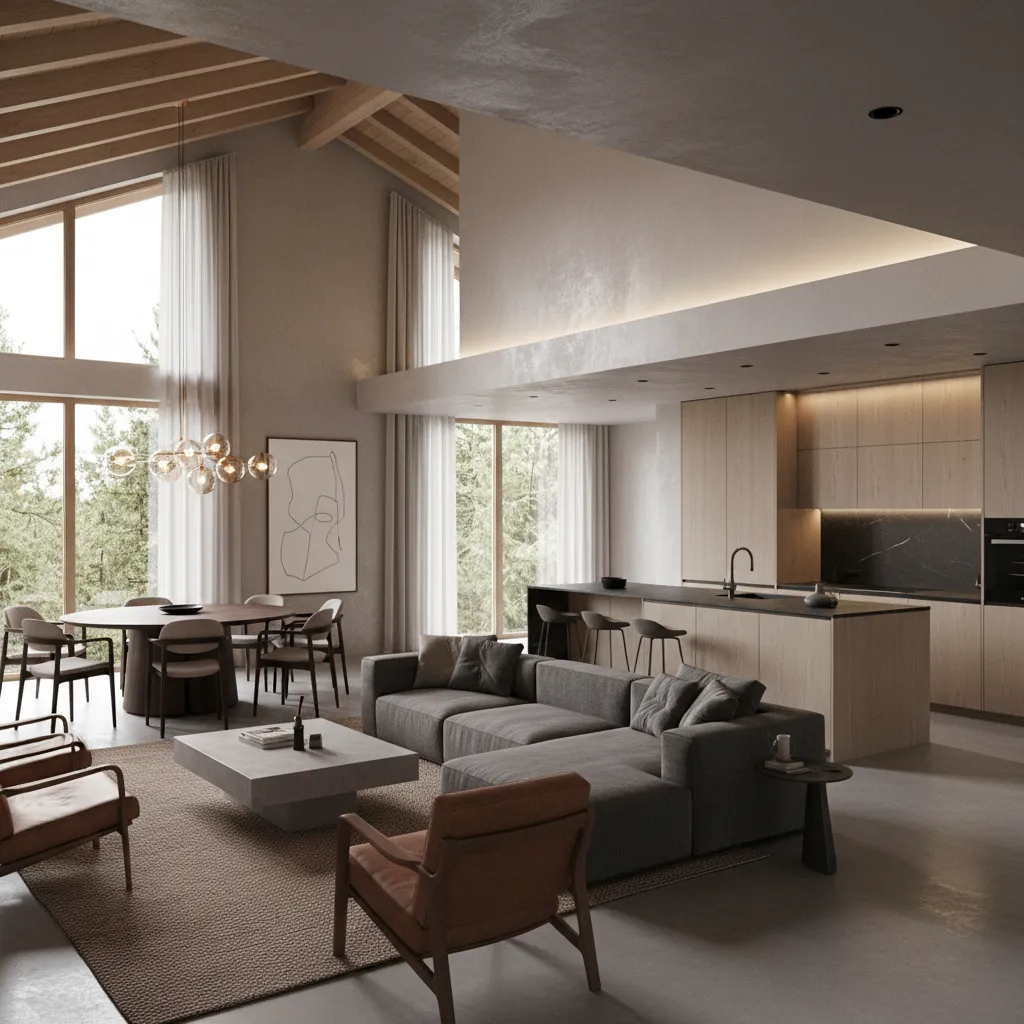 Render realista de interior de casa moderna de 100 metros