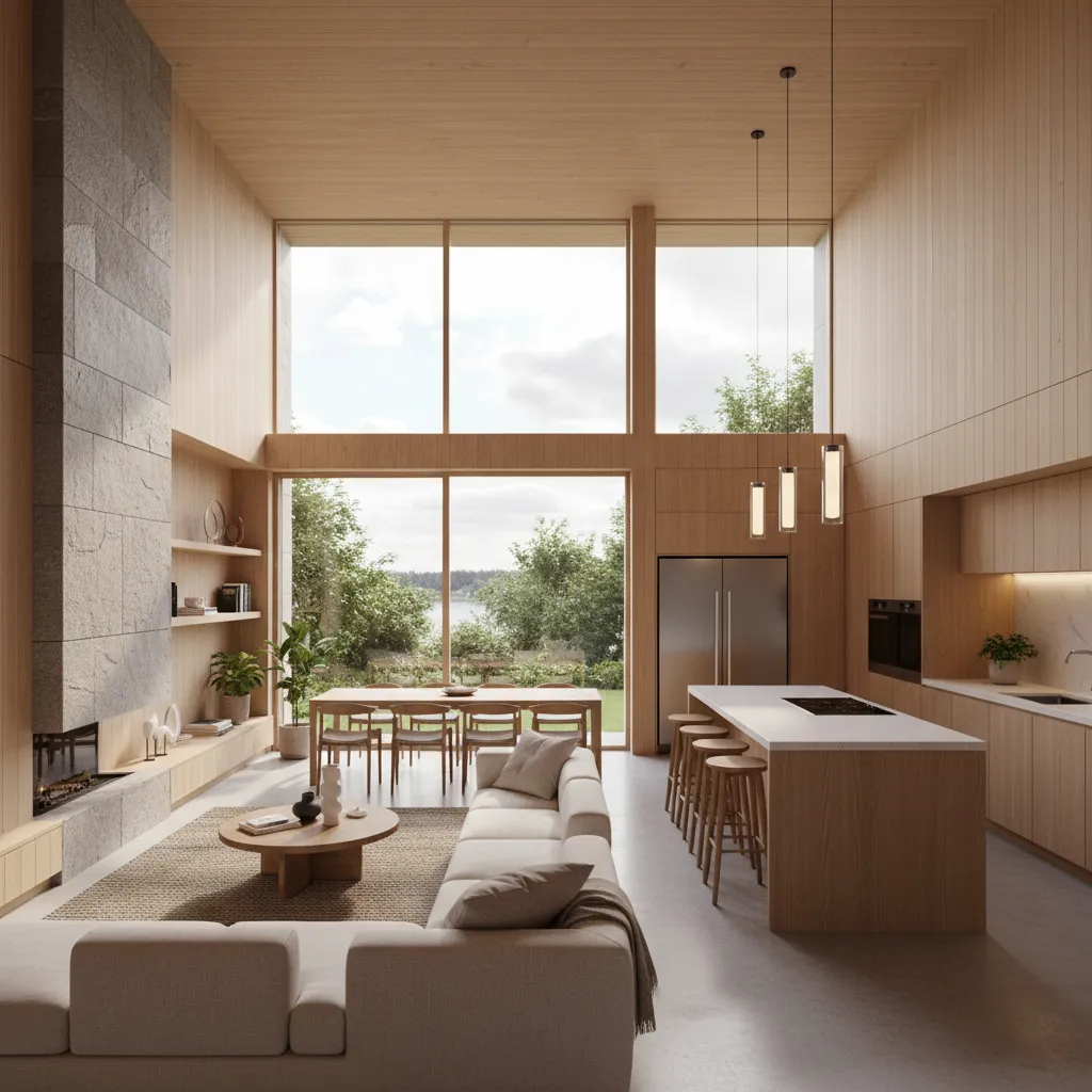 Modern living room with wood walls, stone fireplace, kitchen island, sofa, and very large windows