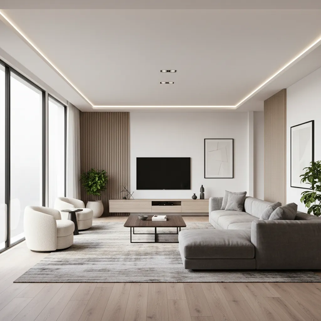 Render realista de interior moderno con iluminación natural y muebles contemporáneos