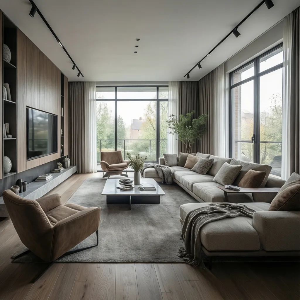 render realista de salón moderno diseñado en 3D