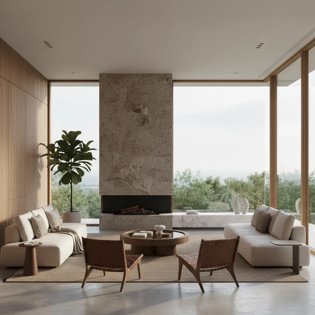 Modern minimalist living room with stone fireplace, white sofas, wooden chairs, and large forest views