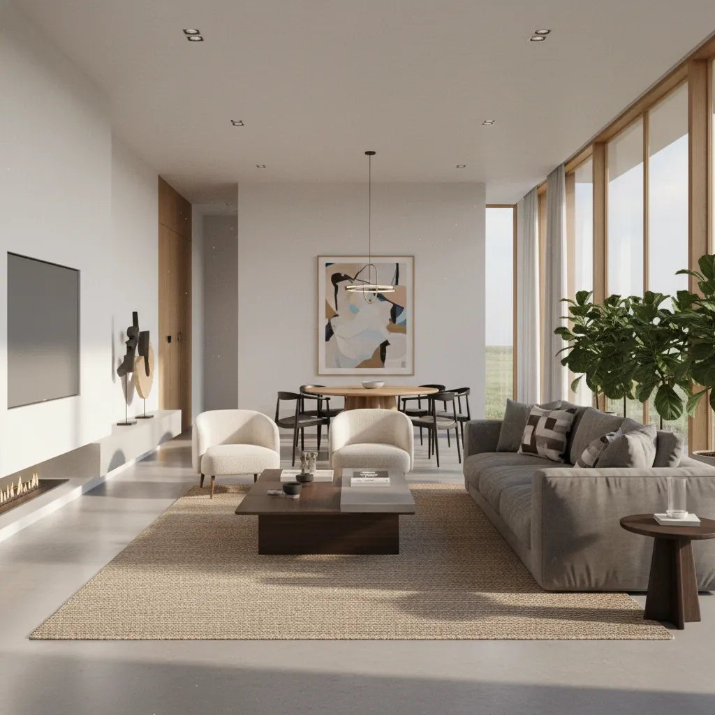 Render 3D realista del interior de una casa moderna de una planta