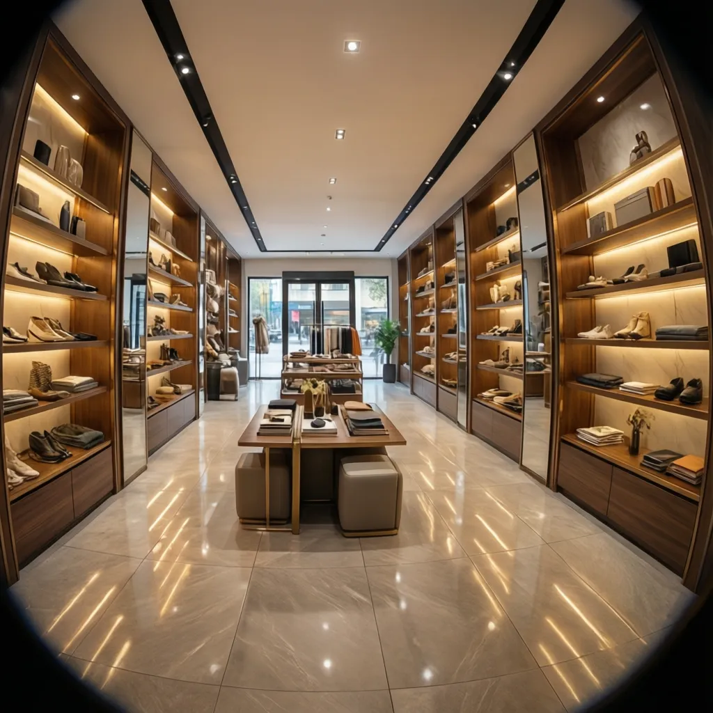 Retail store interior with wooden display shelves light fixtures shoes and shiny marble tile floors