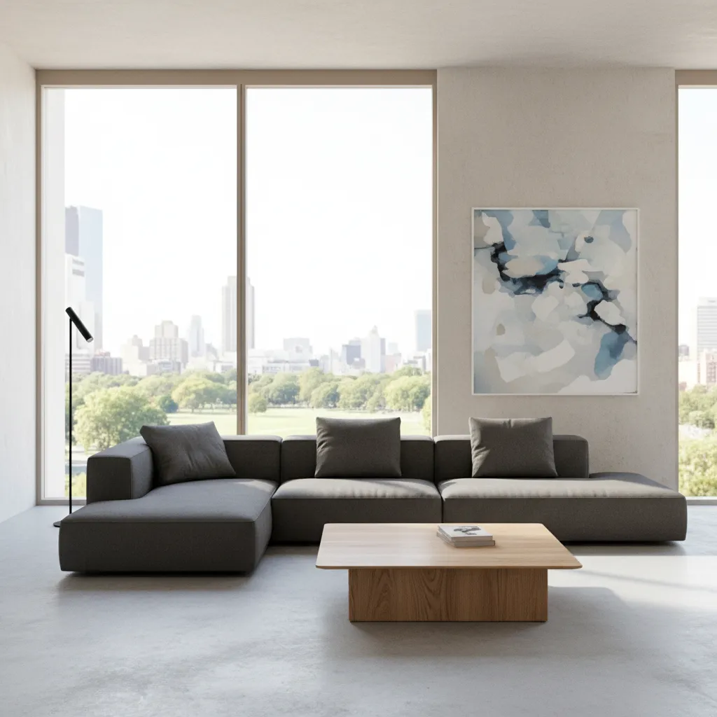 Render realista de interior con sofá moderno, iluminación natural y decoración minimalista