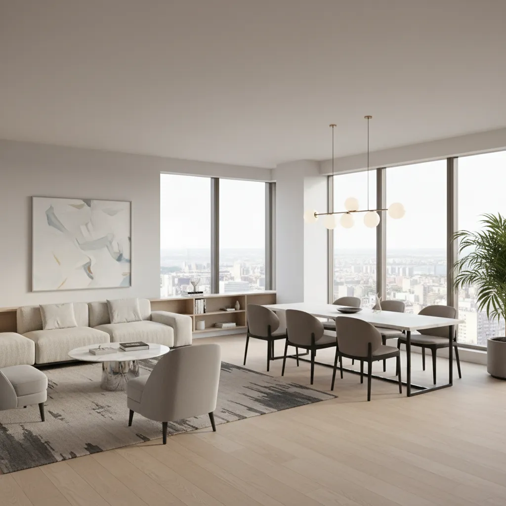 Render realista de sala y comedor en departamento moderno