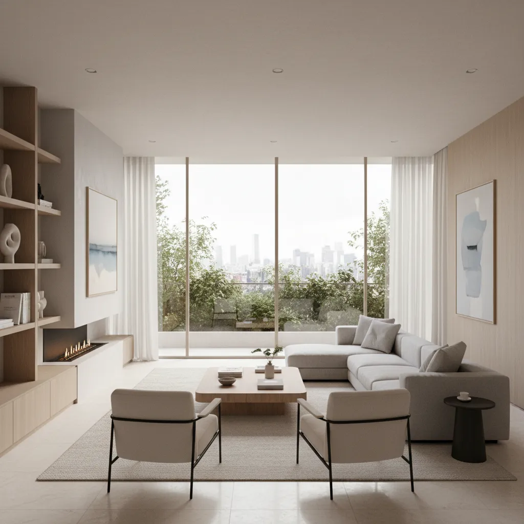 Render 3D realista de un salón moderno antes de ser amueblado