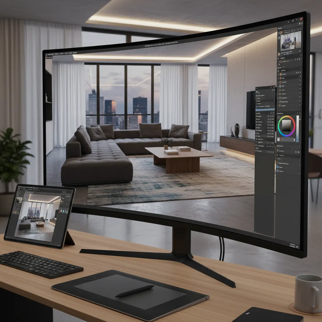 Pantalla mostrando renderizado 3D de un proyecto de interiorismo