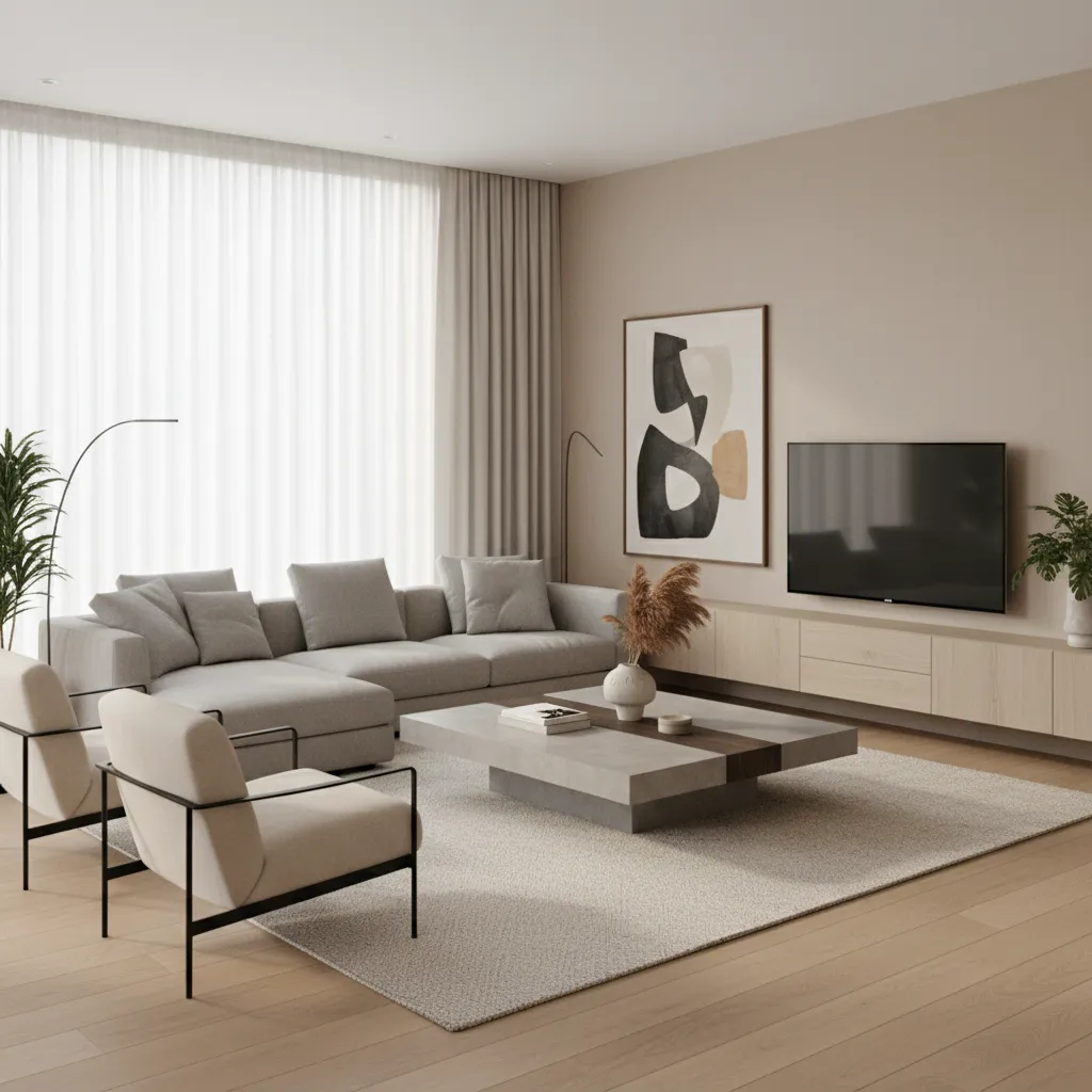 Visualización 3D de un salón moderno antes de la reforma