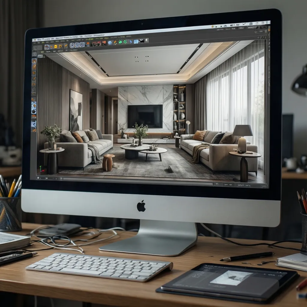 Pantalla mostrando renderizado 3D de un diseño interior moderno