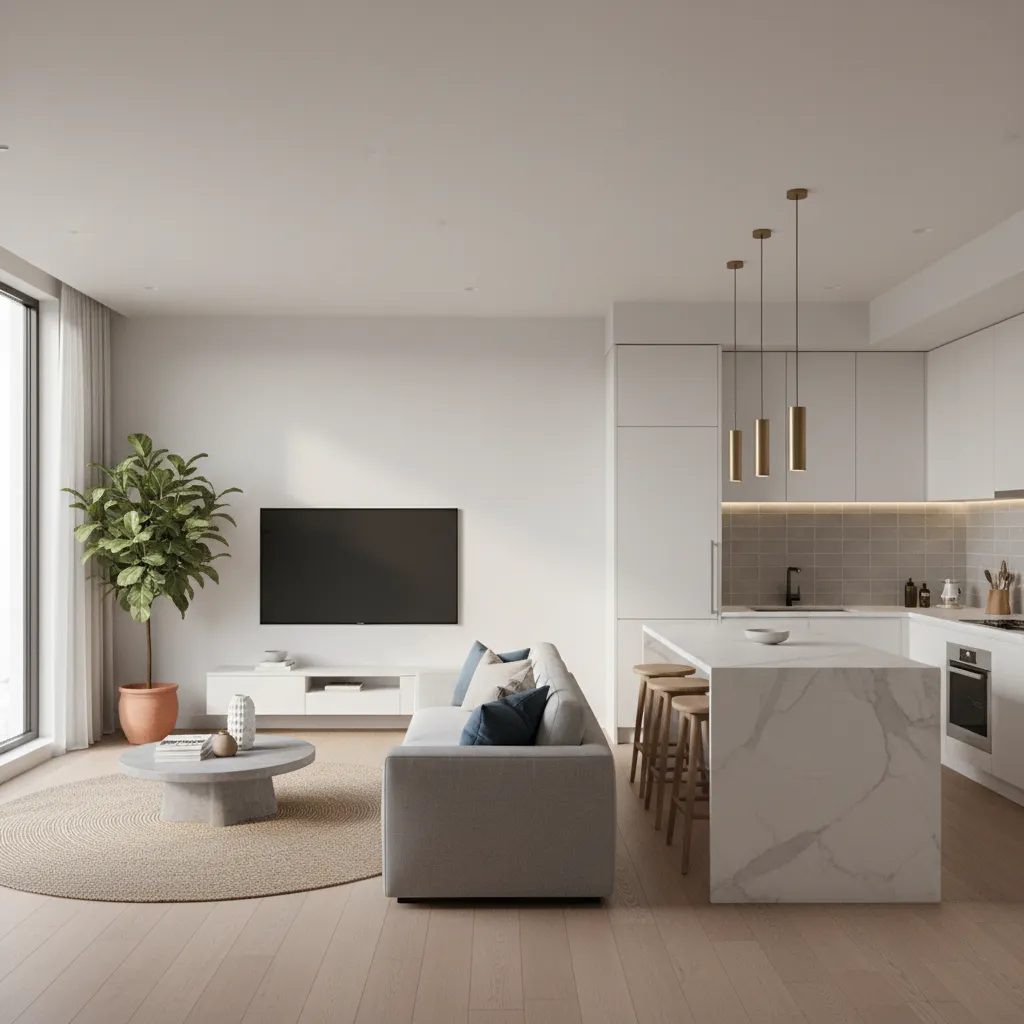 Modern open living room with grey sofa marble kitchen island wood floor and potted plant