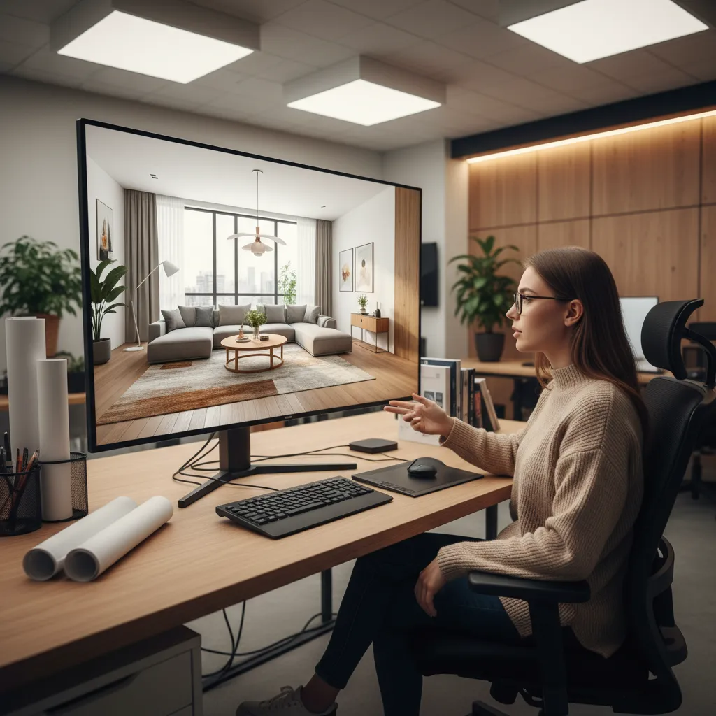 Pantalla de ordenador mostrando render 3D de un proyecto de interiorismo