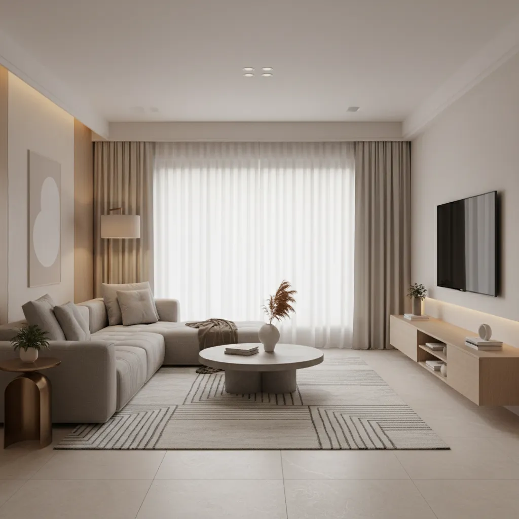 Render 3D de un salón moderno creado por un estudiante de diseño