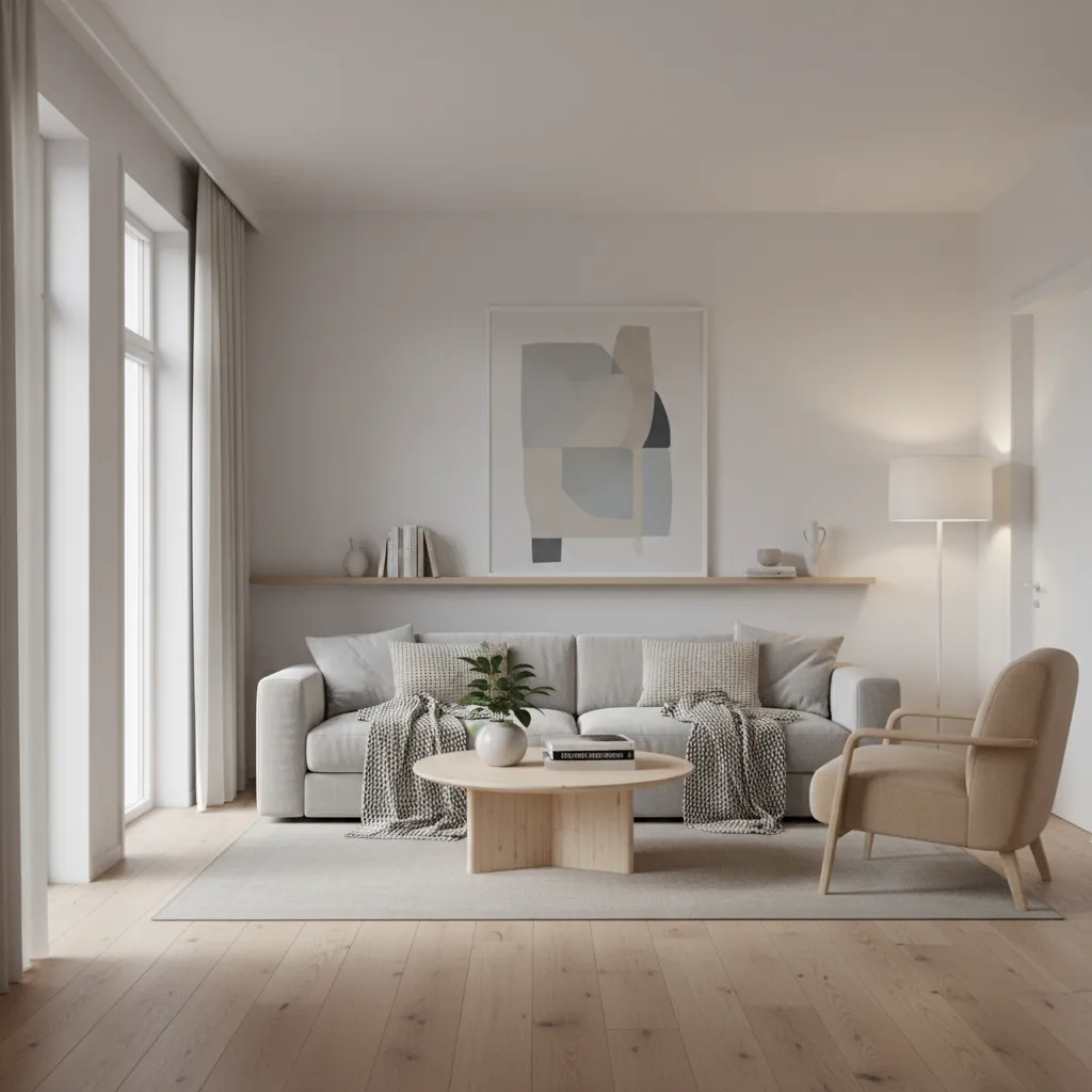 Minimalist living room with grey sofa wooden coffee table floor lamp and abstract wall art