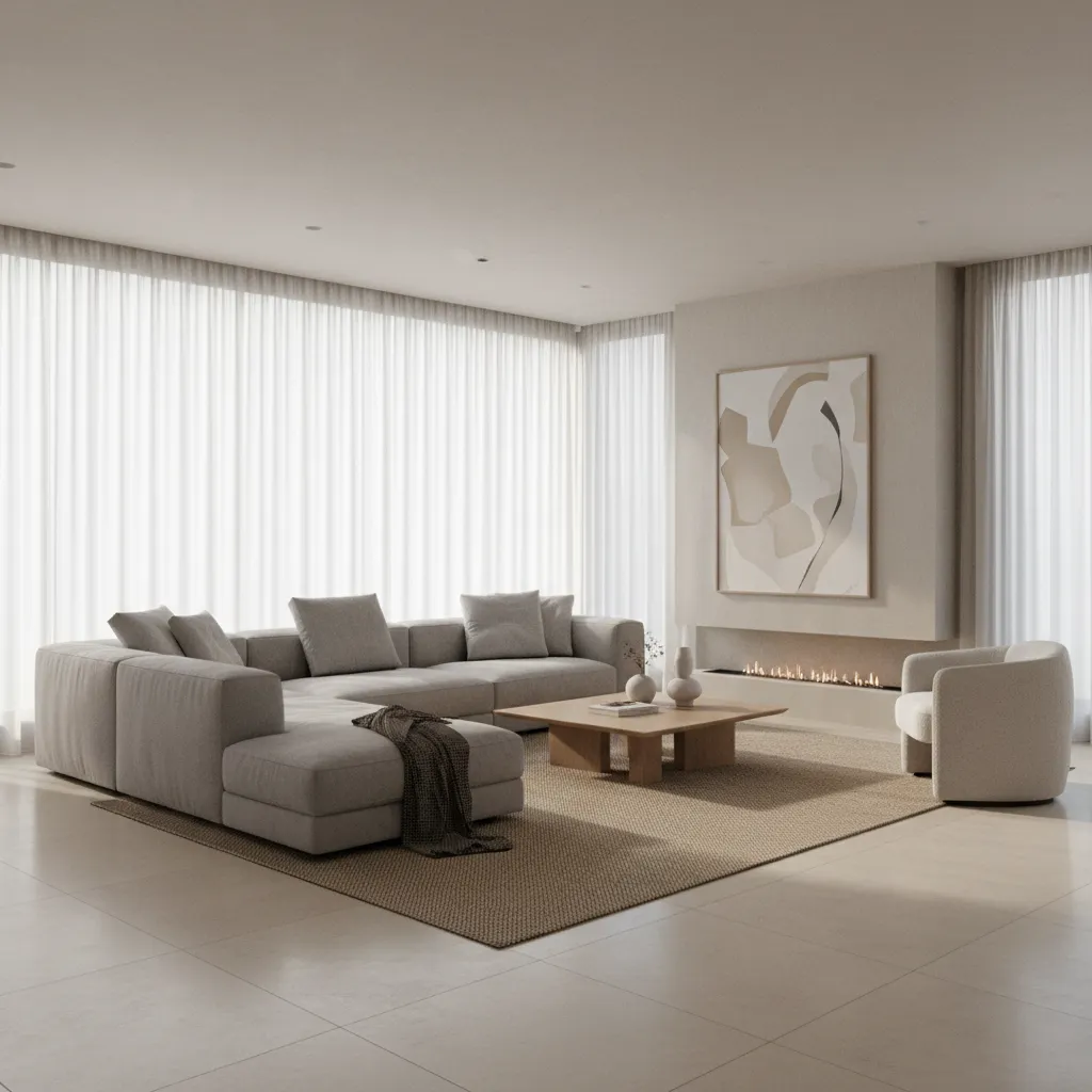 Render 3D de salón moderno creado por estudiante de interiorismo