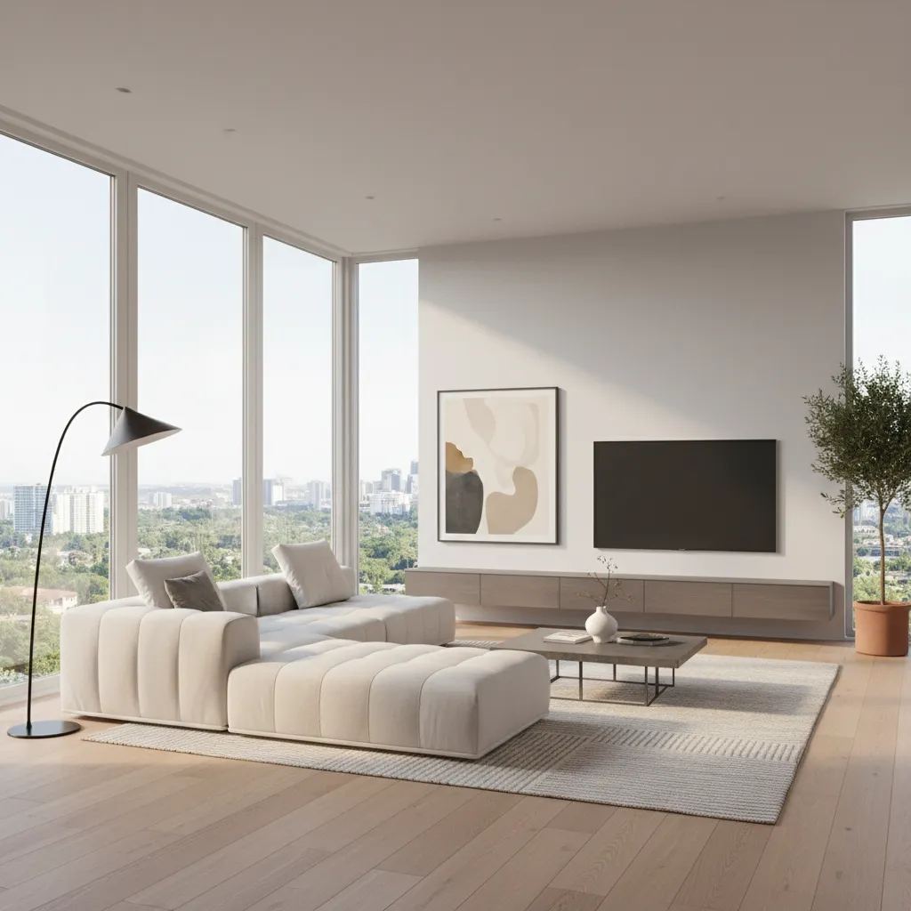 Render 3D realista de un salón generado con software de diseño