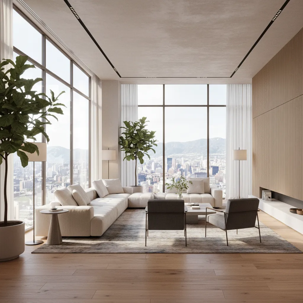 Modern living room with white sofa, grey chairs, wooden floor, wall panels, and large windows