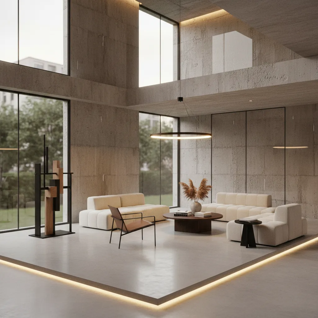 Render 3D de interior moderno con paredes de hormigón y mobiliario minimalista