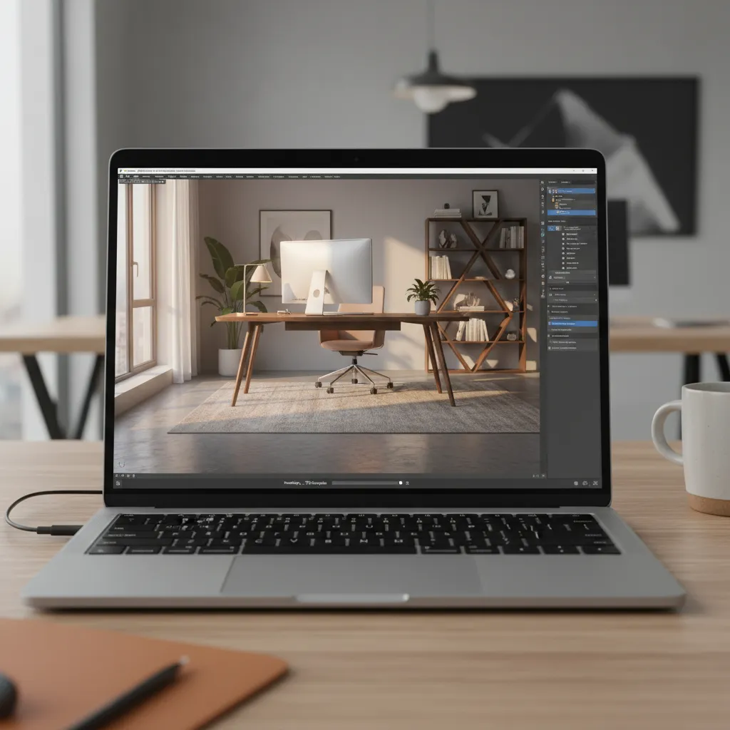 Laptop on wooden desk showing interior design drawing of a modern home office with furniture