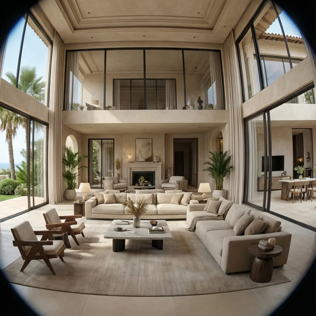 Render realista de interior de villa moderna en Marbella