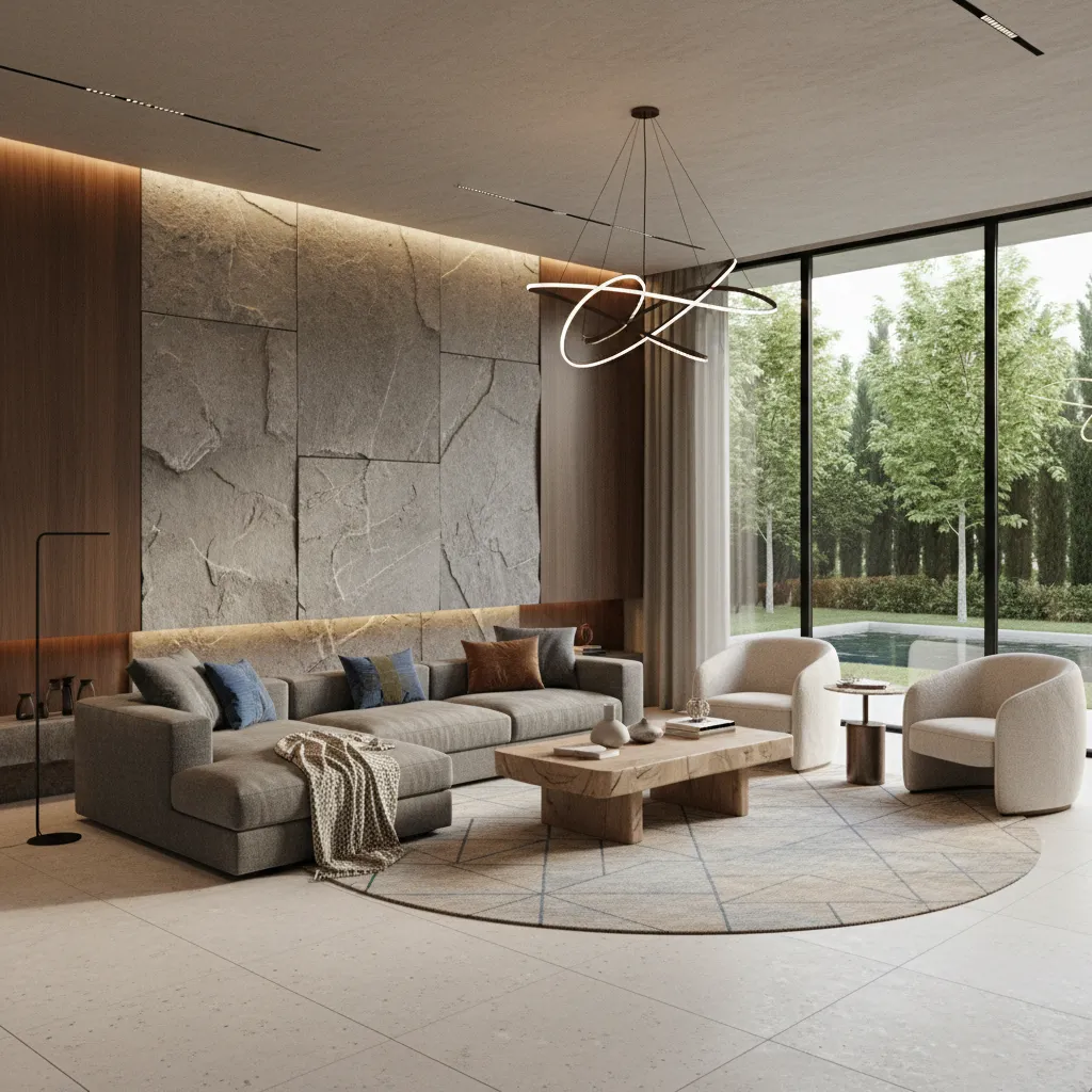 Render 3D de un salón mostrando materiales y acabados
