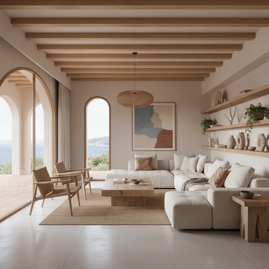 Modern living room with white sofa wooden ceiling beams arched windows sea view and decor