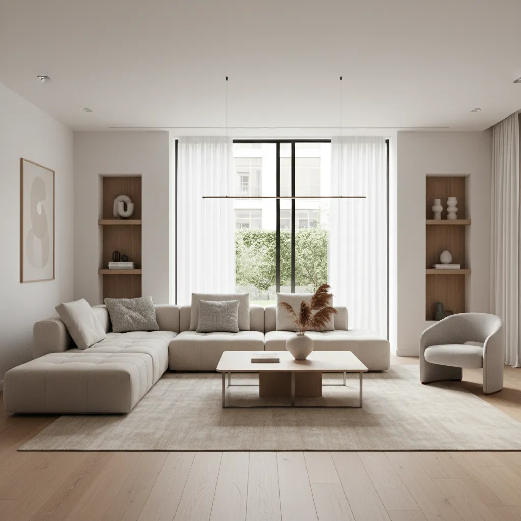 Render realista de un salón moderno diseñado por un interiorista